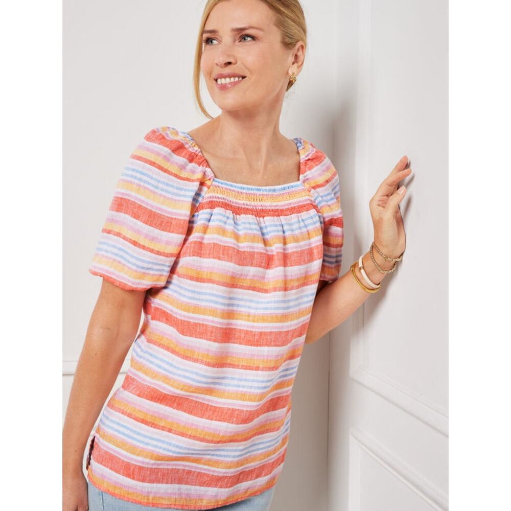 Talbots Top Women’s Medium Linen Square Neck Palm Stripe Coastal Cruise Feminine